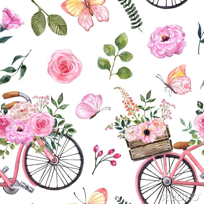 Tapete Retro-Design mit rosa Fahrrad und Aquarell-Blumen