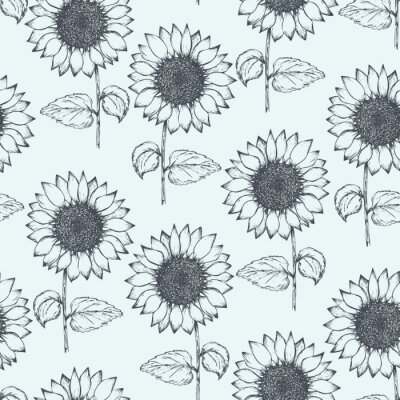 Tapete Retro seamless pattern with outline ink pen sunflower sketch on tender blue background. Hand drawn illustration of beautiful sun flower, texture for textile, wrapping paper, surface