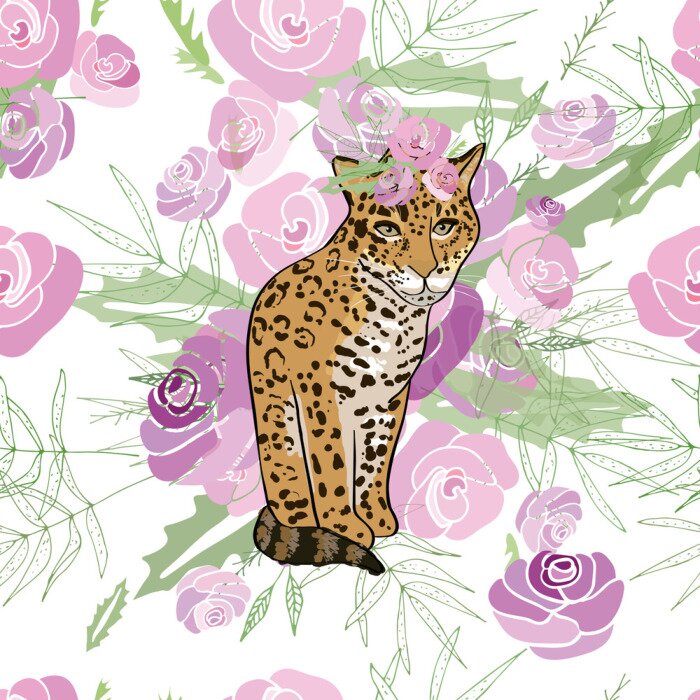 Tapete Retro-Stil Illustration mit Blumen und Tier