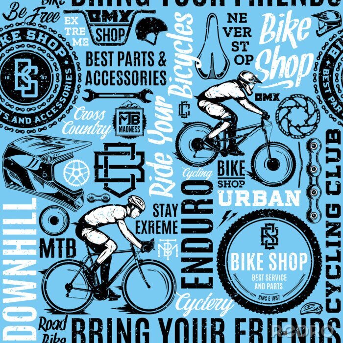 Tapete Retro styled vector bicycle seamless pattern or background in black, blue and white colors. Bike shop badges, mountain, bmx and road biking icons and design pieces