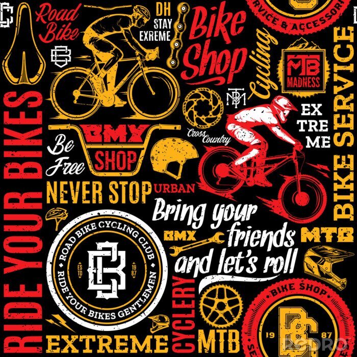 Tapete Retro styled vector bicycle seamless pattern or background in black, white, red and yellow colors. Bike shop and club badges. Mountain and road biking icons and design elements