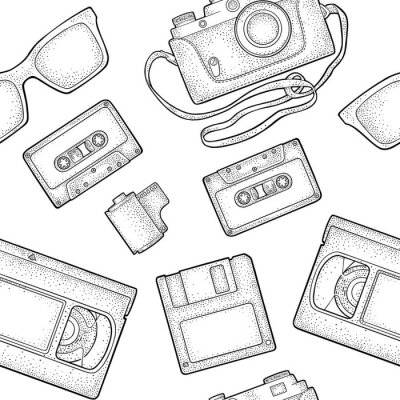 Tapete Retro- Technologiegegenstand des nahtlosen Musters. Weinlesevektorschwarz-Stichillustration