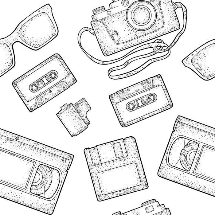 Tapete Retro- Technologiegegenstand des nahtlosen Musters. Weinlesevektorschwarz-Stichillustration