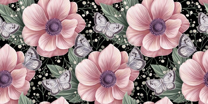 Tapete Romantische Zauberblumen und -schmetterlinge