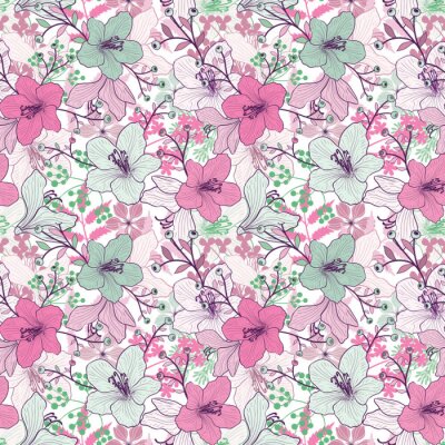 Tapete Rosa-blaues Muster mit Orchideen und Blättern