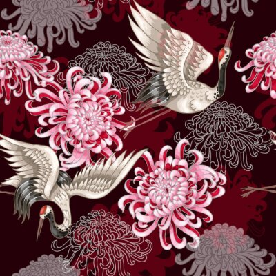 Tapete Rosa Blumen und Kraniche im orientalischen Stil