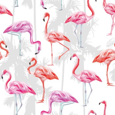 Tapete Rosa Flamingo nahtlose Muster weißen Hintergrund mit Palme