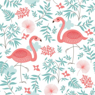Tapete Rosa Flamingos Blumen und Blättern