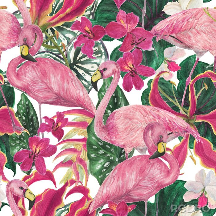 Tapete Rosa Flamingos mit Blumen vor dem Hintergrund der Blätter