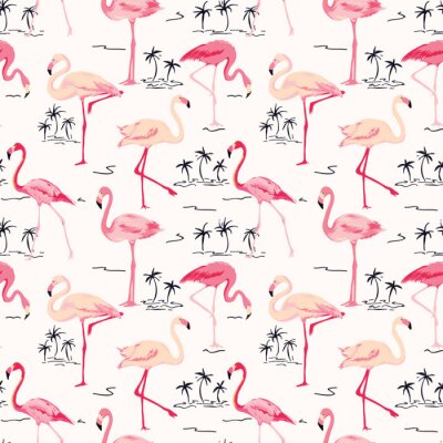 Tapete Rosa Flamingos und exotische Palmen