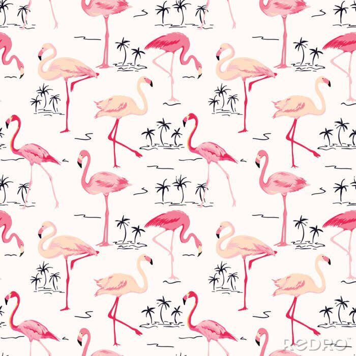 Tapete Rosa Flamingos und exotische Palmen