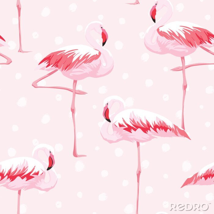 Tapete Rosa Motiv mit Flamingos und weißen Punkten