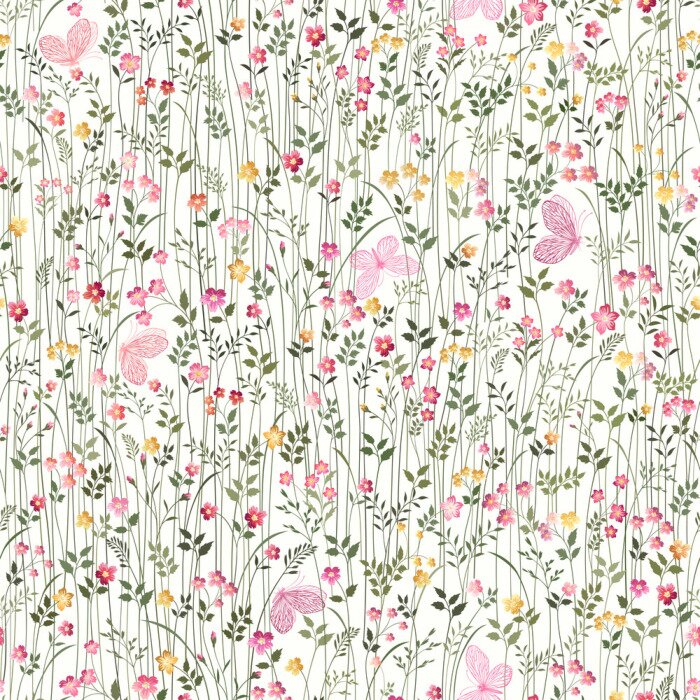 Tapete Rosa Schmetterlinge auf einer Wiese mit Blumen