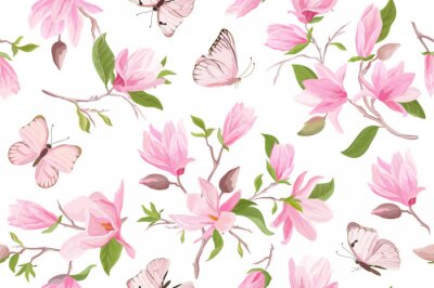 Rosa Schmetterlinge inmitten von Magnolienblüten