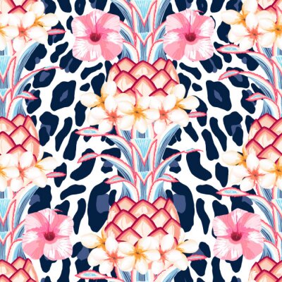 Tapete Rosa und blaue tropische Blumen und Blätter