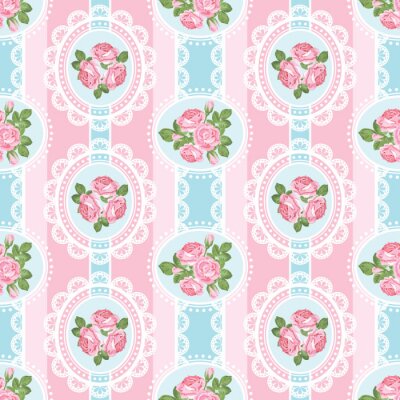 Tapete Rosa und blauer Shabby-Chic-Stil mit Blumen