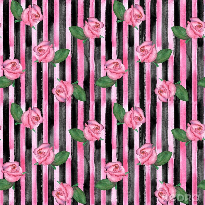 Tapete Rosen auf schwarz-rosa Streifen