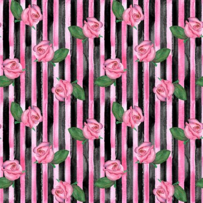 Tapete Rosen auf schwarz-rosa Streifen