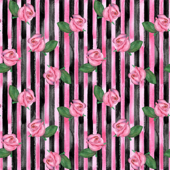 Tapete Rosen auf schwarz-rosa Streifen