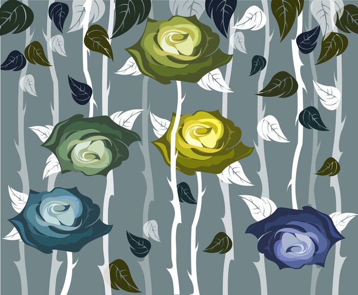 Tapete Rosen in Gr?n- und Dunkelblaut?nen