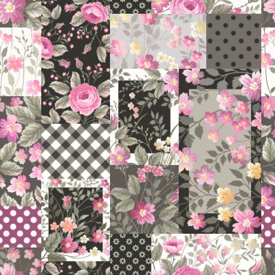 Tapete Rosen und andere Blumen Patchwork-Stil