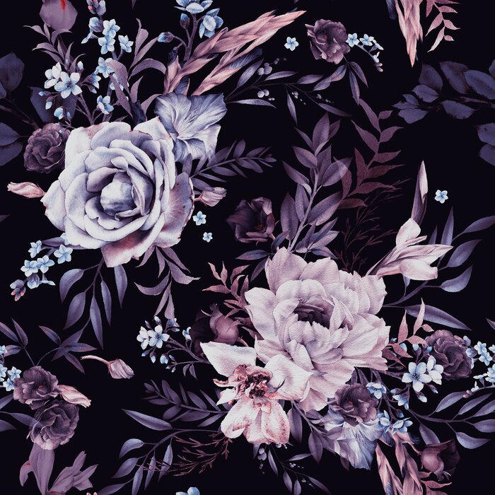 Tapete Rosen und Zweige mit Blättern auf einem dunklen Hintergrund