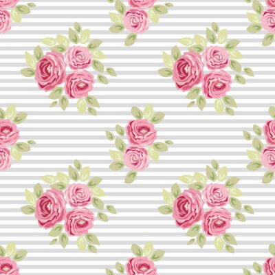 Tapete Rosensträuße im schäbigen Stil auf einem gestreiften Hintergrund