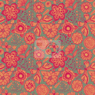 Tapete Rot-orangefarbene Schmetterlinge und Blumen