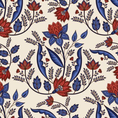 Tapete Rote Blüten und blaue Blätter auf beigem Hintergrund