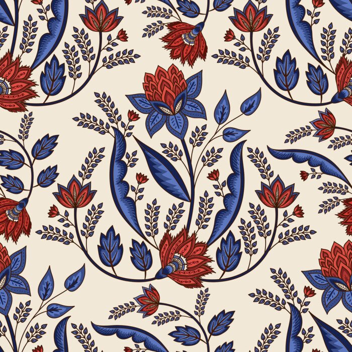 Tapete Rote Blüten und blaue Blätter auf beigem Hintergrund