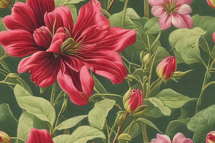 Tapete Rote Blumen in einem grünen Garten