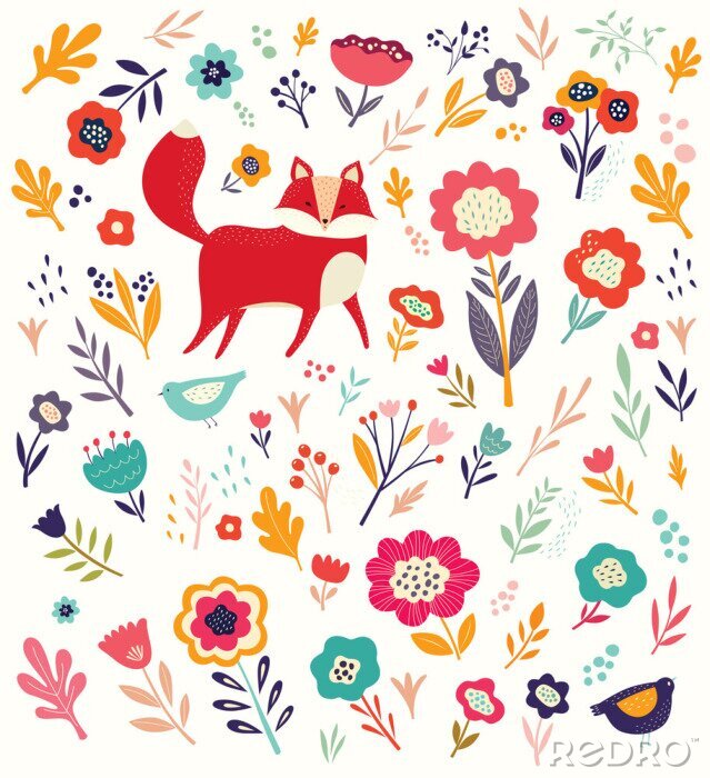 Tapete Rote Füchse inmitten von bunten Blumen