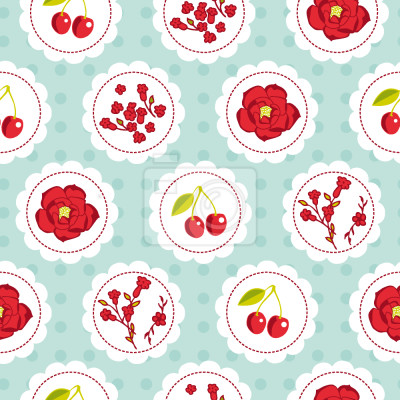 Tapete Rote Kirschen und Blumen auf blauem Hintergrund