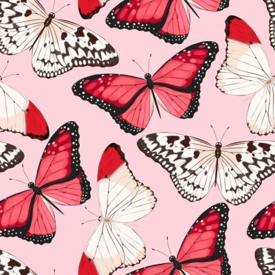 Tapete Rote und beige Schmetterlinge auf rosa Hintergrund