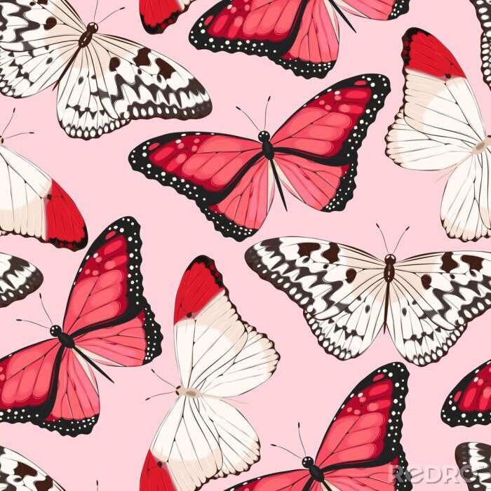 Tapete Rote und beige Schmetterlinge auf rosa Hintergrund