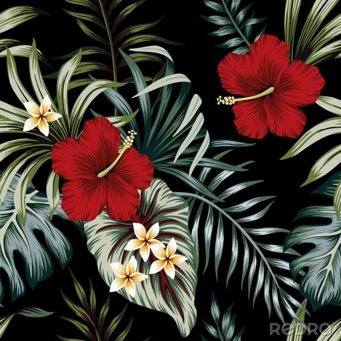 Tapete Rote und weiße Blüten mit tropischen Blättern