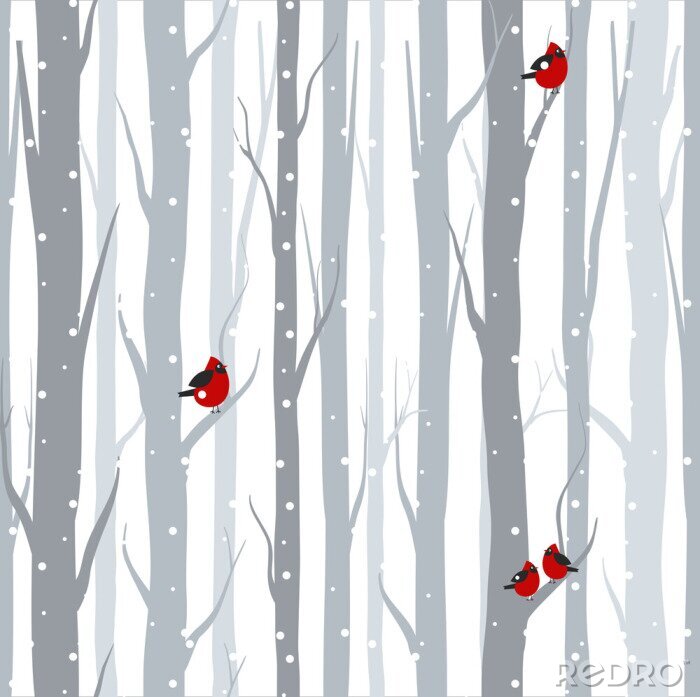 Tapete Rote Vögel sitzen auf Birken