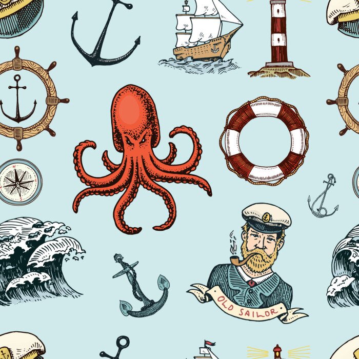 Tapete Roter Oktopus und Anker des alten Seemanns