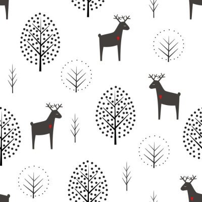 Rotwild und nahtloses Muster der Bäume auf weißem Hintergrund. Dekorative Waldvektorillustration. Netter Naturhintergrund der wilden Tiere. Skandinavisches Design für Textilien, Tapeten, Stoff, Dekor.
