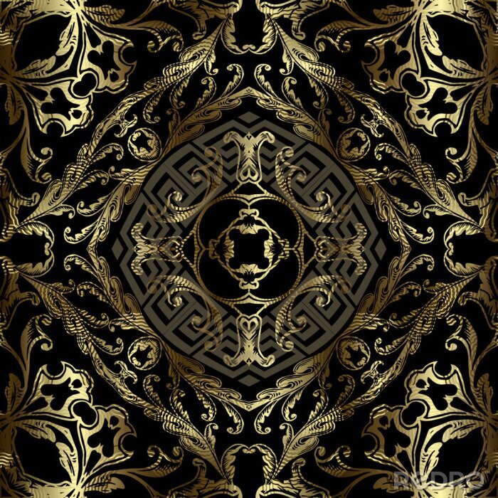 Tapete Royal gold 3d vintage vector seamless pattern. Floral grunge Baroque style background. Repeat backdrop. Modern greek key meander golden ornament. Golden frames, mandalas, shapes, flowers, leaves