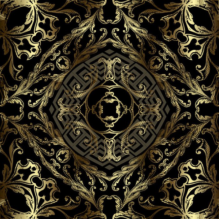 Tapete Royal gold 3d vintage vector seamless pattern. Floral grunge Baroque style background. Repeat backdrop. Modern greek key meander golden ornament. Golden frames, mandalas, shapes, flowers, leaves
