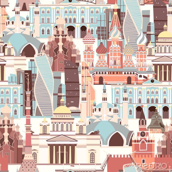 Tapete Russland Architektur Vektormuster. Nahtloser Hintergrund des russischen Symbols. Street View Cartoon flachen Stil