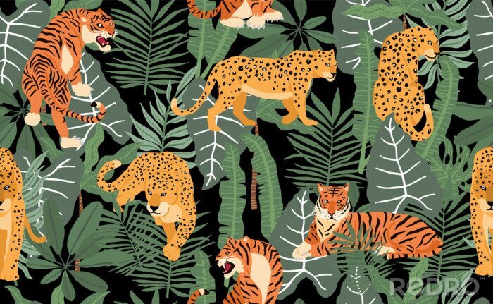 Tapete Safari background with leopard,palm,tiger,leaf.Vector illustration seamless pattern for background,wallpaper,frabic.Editable element