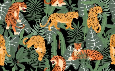 Tapete Safari background with leopard,palm,tiger,leaf.Vector illustration seamless pattern for background,wallpaper,frabic.Editable element