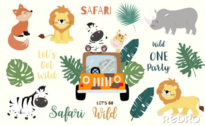Tapete Safari object set with fox,giraffe,zebra,lion,leaves,car. illustration for logo,sticker,postcard,birthday invitation.Editable element