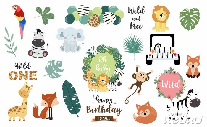 Tapete Safari object set with fox,giraffe,zebra,lion,leaves,elephant. illustration for logo,sticker,postcard,birthday invitation.Editable element