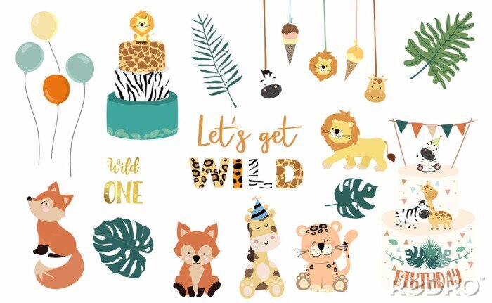 Tapete Safari object set with fox,giraffe,zebra,lion,leaves. illustration for logo,sticker,postcard,birthday invitation.Editable element