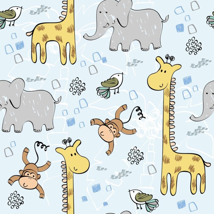 Tapete Safaritiere auf blauem Hintergrund mit Palmen