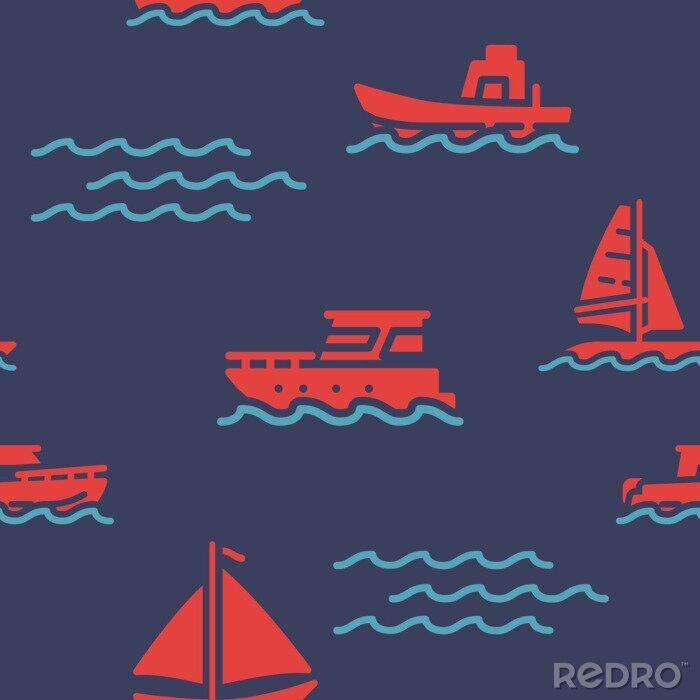 Tapete Sailing ship icons pattern. Marine and nautical seamless background. Summer beach seamless pattern vector illustration