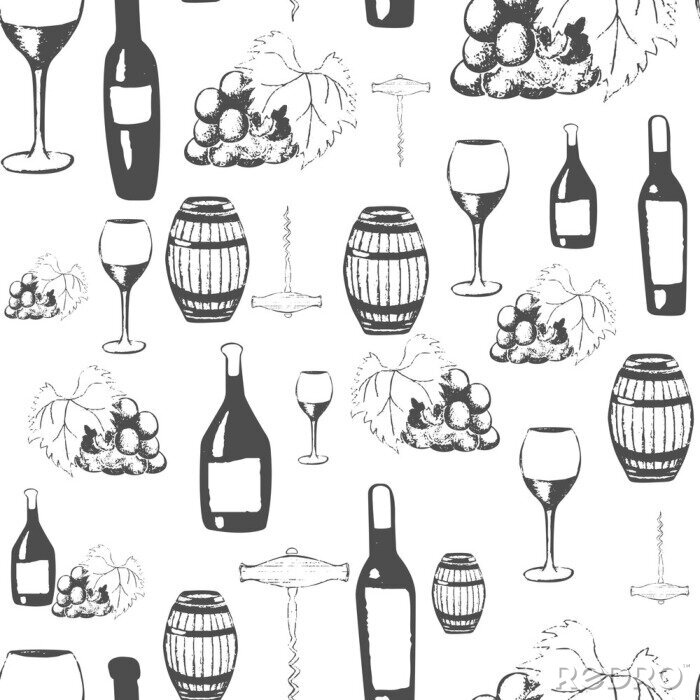 Tapete Sammlung handgezeichneter Weine.  Nahtloses Muster mit Weinflaschen, Gläsern, Weinfass, Korkenzieher und Trauben.  Vektorillustration.